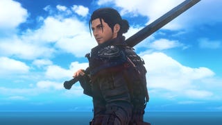Final Fantasy 14 lead character in armour holding a sword over his shoulder looking out over the sea