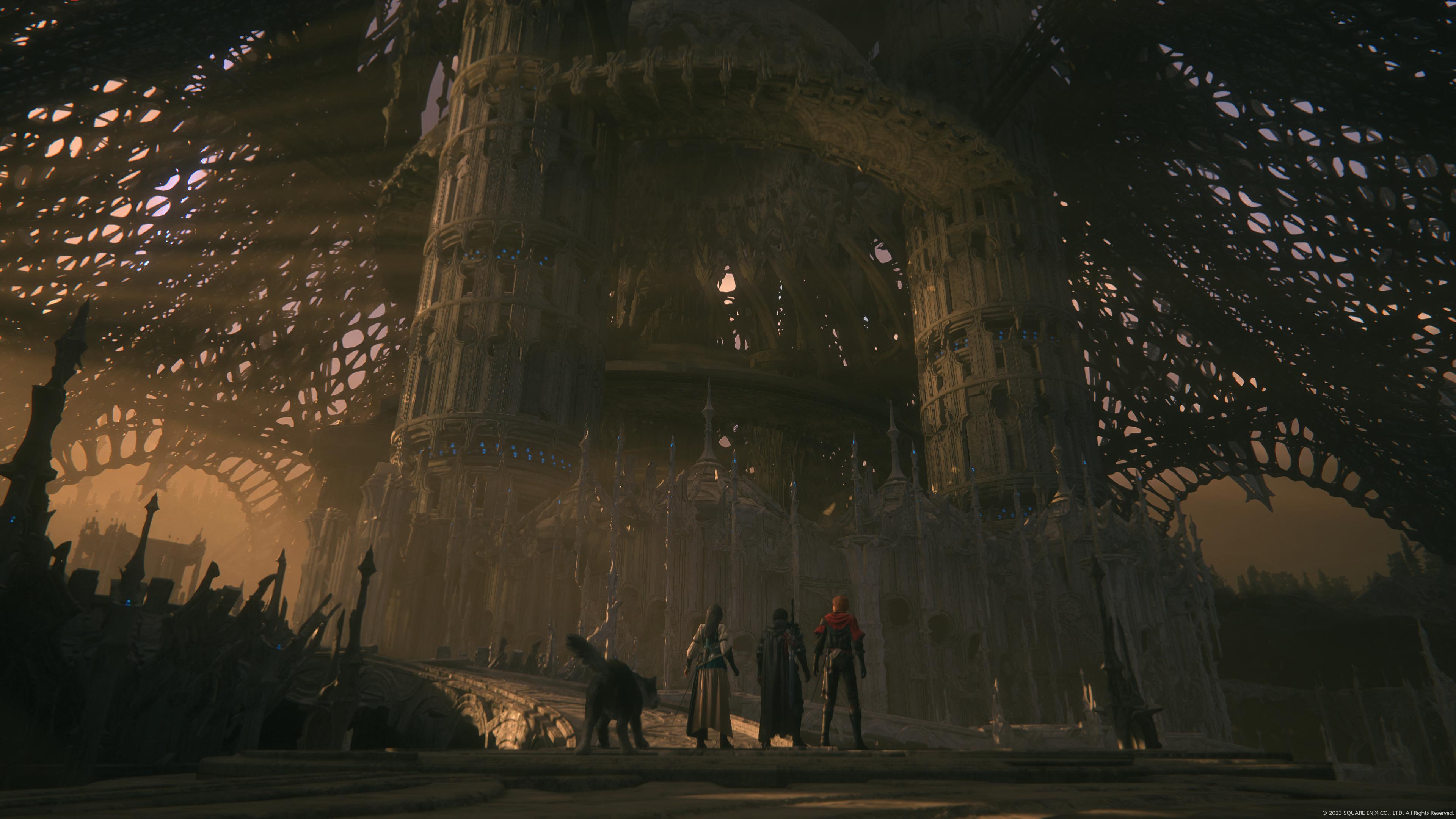 View of the full party looking up at the Sagespire tower from the bottom