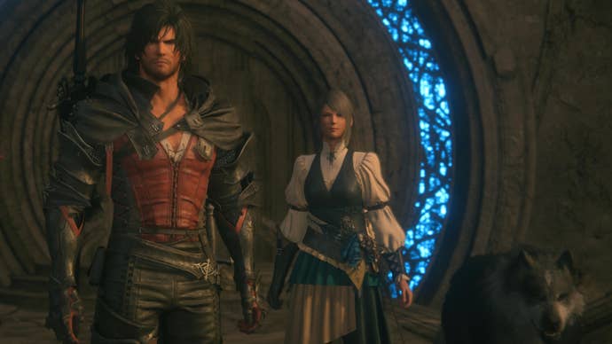 Clive, Jill and Torgal walking into Sagespire from a glowing blue circular door