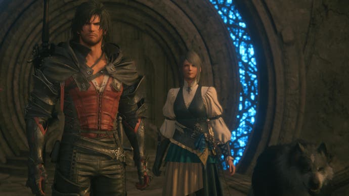 Clive, Jill and Torgal walking into Sagespire from a glowing blue circular door