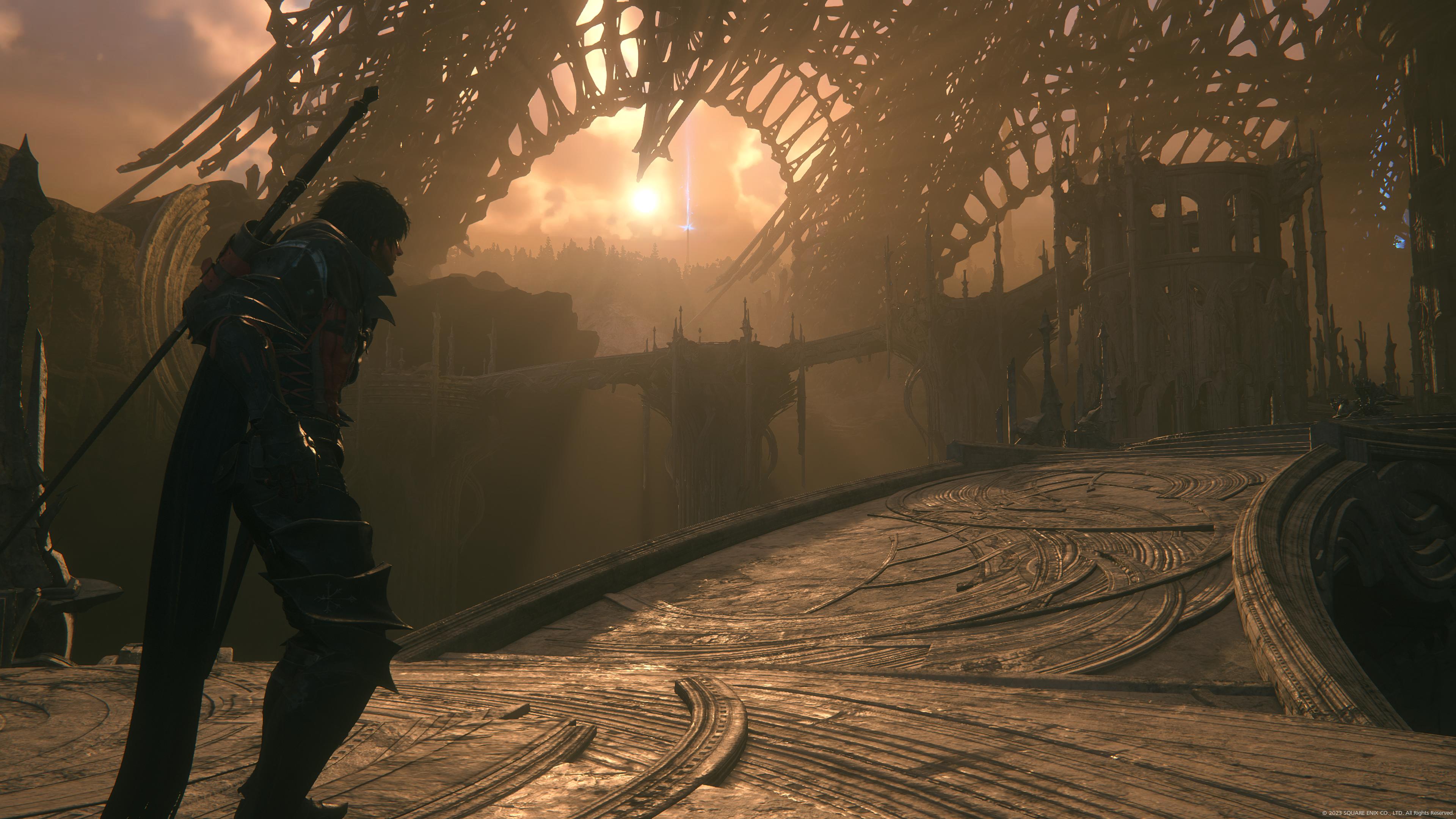 Clive begins the climb up the Sagespire with sunlight pouring in