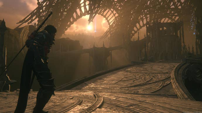 Clive begins the climb up the Sagespire with sunlight pouring in