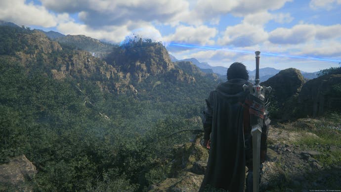 Final Fantasy 16 screenshot showing Clive looking out over mountains and lush forests