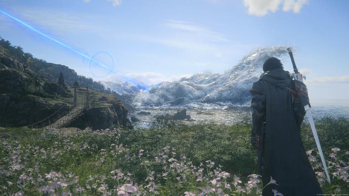Final Fantasy 16 screenshot showing Clive in a field of white flowers looking out at giant sea wave caught in stasis