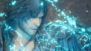 Close up of dark-haired Final Fantasy 16 protagonist Clive with his eyes closed surrounded by glowing blue energy