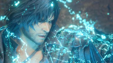Close up of dark-haired Final Fantasy 16 protagonist Clive with his eyes closed surrounded by glowing blue energy