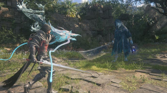 Final Fantasy 16 screenshot showing Clive with water dragon on his arm aiming at green cloaked Tonberry King with giant knife