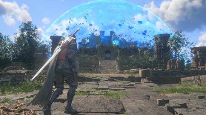 Final Fantasy 16 screenshot showing Clive with sword walking up to stone ruin caught in a blue stasis bubble of time mid-explosion