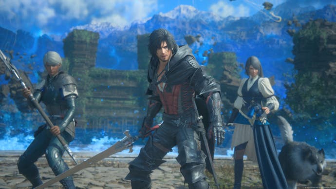 Final Fantasy 16 screenshot showing dark-haired protagonist Clive holding sword out in centre, with two female characters either side of him and a giant wolf preparing for battle
