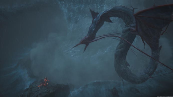 Tiny fire beast Ifrit next to huge water snake-dragon Leviathan within a maelstrom from Final Fantasy 16 cutscene
