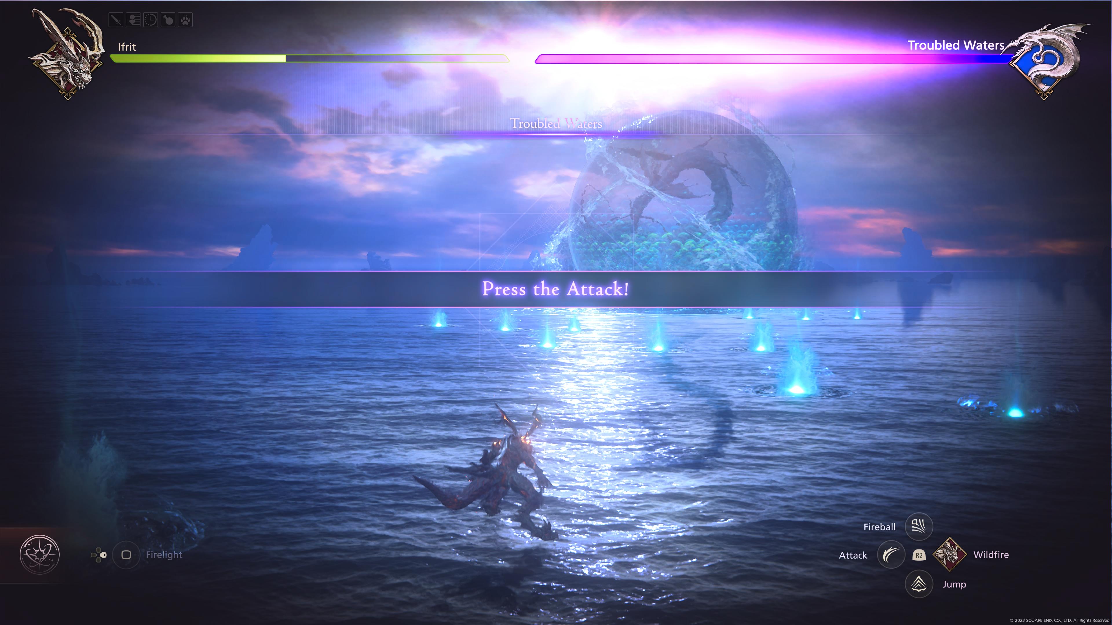 Ifrit mid-battle against Leviathan, wrapped up in protecting barrier in a flat ocean, with &ldquo;press the attack&rdquo; across the screen