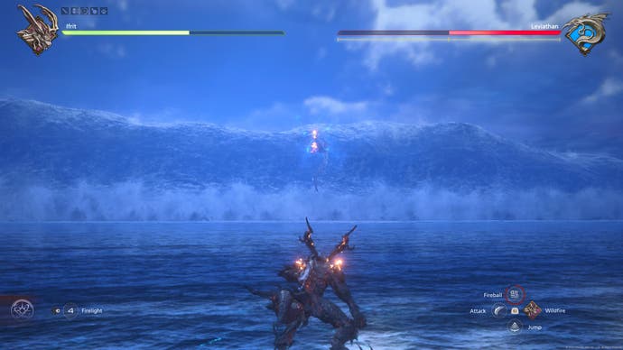 Ifrit in the middle of battle stands in front of a huge tsunami wave in Final Fantasy 16