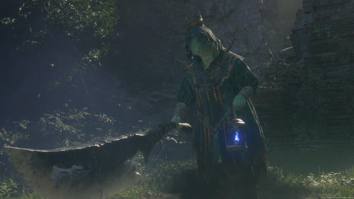 Final Fantasy 16 screenshot of green cloaked Tonberry King enemy with giant knife and glowing lantern