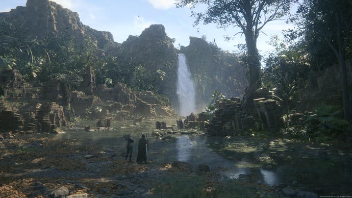 Final Fantasy 16 screenshot showing a waterfall and river in the middle of a sun-dappled forest