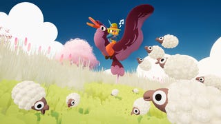 Flock screenshot showing player atop a bird surrounded by cute sheep