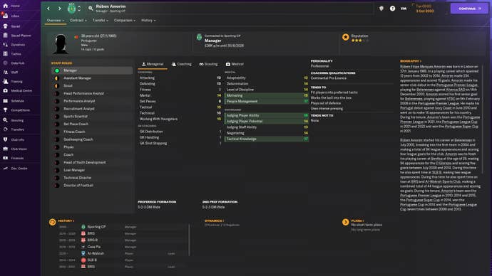 FM24 screenshot showing Ruben Amorim’s in-game manager attributes