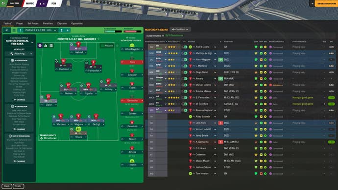 FM24 screenshot showing the in-match tactics screen with a lop-sided 3-1-3-2-1
