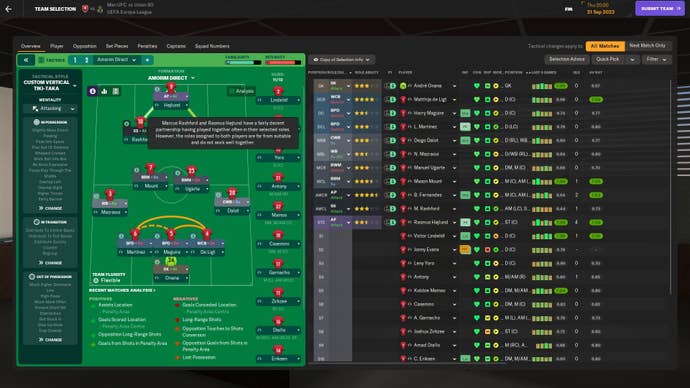 FM24 screenshot showing a tactics tooltip that mentions “the roles selected are far from suitable and do not work well together”