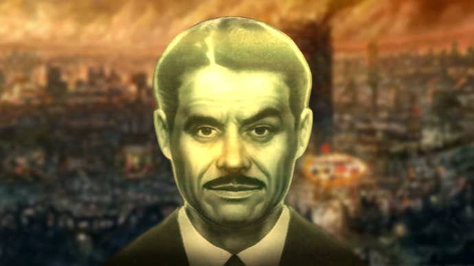 Mr House’s face in front of concept art of New Vegas in Fallout New Vegas.