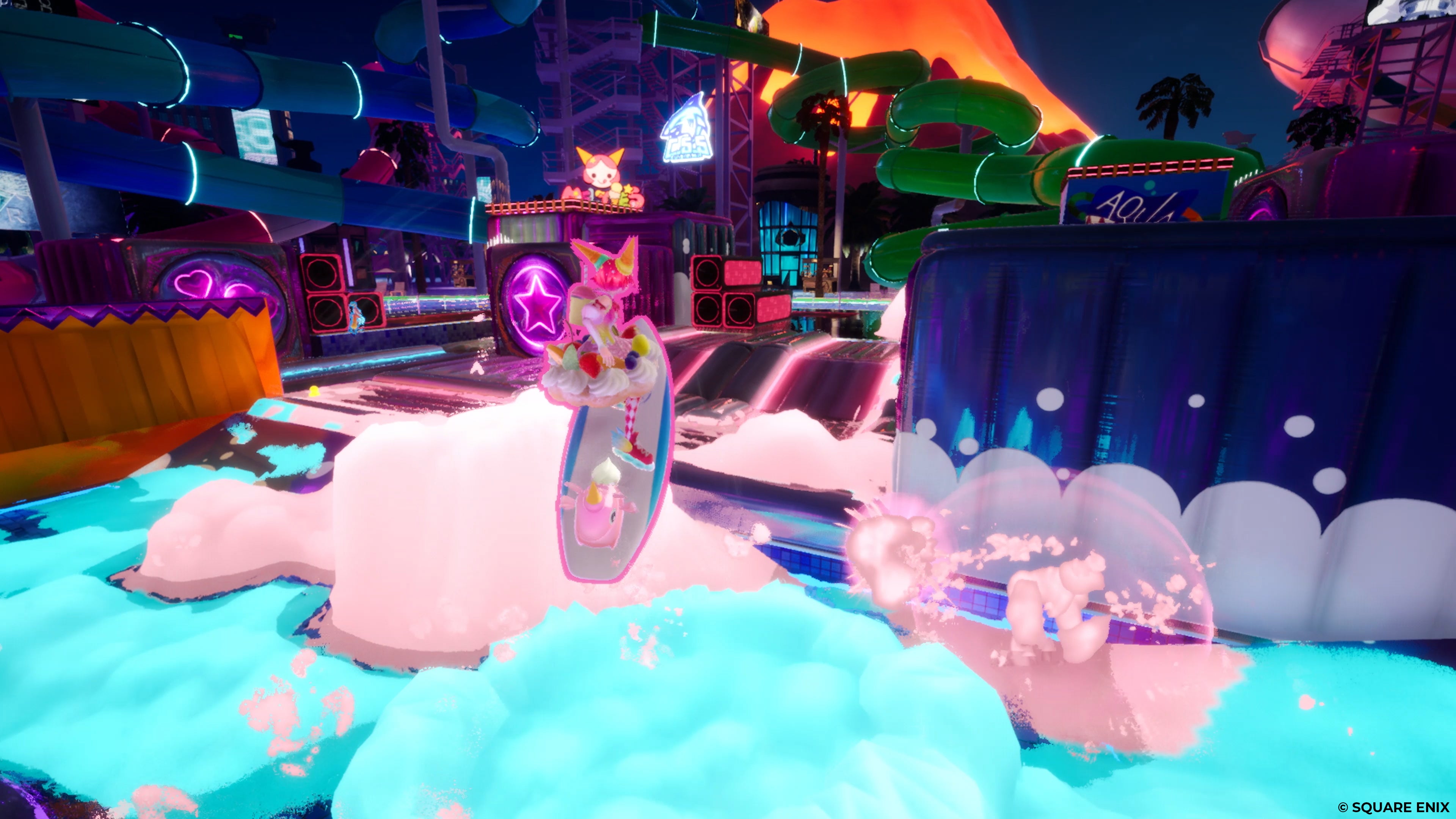 Ice cream character Mel T rides a surfboard over foam in Foamstars