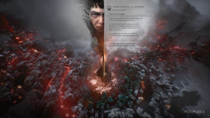 A Frostpunk 2 screenshot showing a faction - the Icebloods - getting out of control. This is represented by a red hue around the frozen city you see, and there's a pop-out dilemma screen showing a person's angry face and then some text explaining why they're angry.