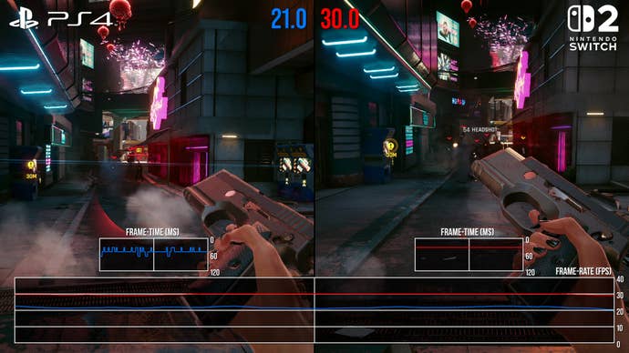 Cyberpunk 2077 FPS comparison - Switch 2 vs PS4 - alley shoot-out