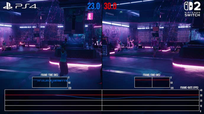 Cyberpunk 2077 FPS comparison - Switch 2 vs PS4 - nightclub