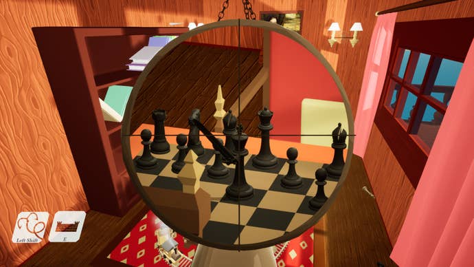 The player aims their sniper at the opponent's chess pieces in FPS Chess
