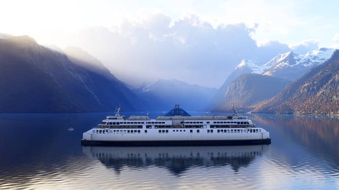A huge boat in a mountain range in Microsoft Flight Simulator