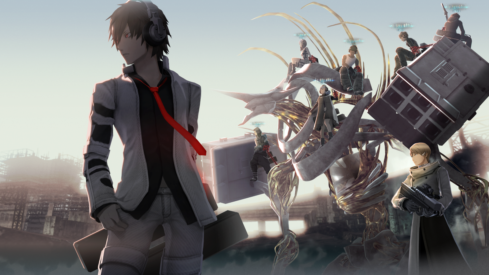 Freedom Wars artwork showing anime man in suit next to a robotic enemy