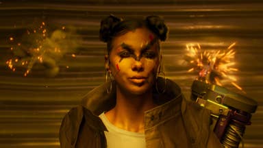 Fairgames trailer screenshot showing close up of woman with bullets exploding behind her