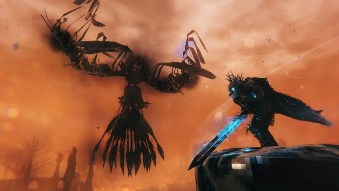 A corrupt-looking bird enemy called a Fallen Valkyrie flies in the centre of the picture. On the right, a Viking in full armour attempts to strike the bird with a two-handed glowing blue sword.