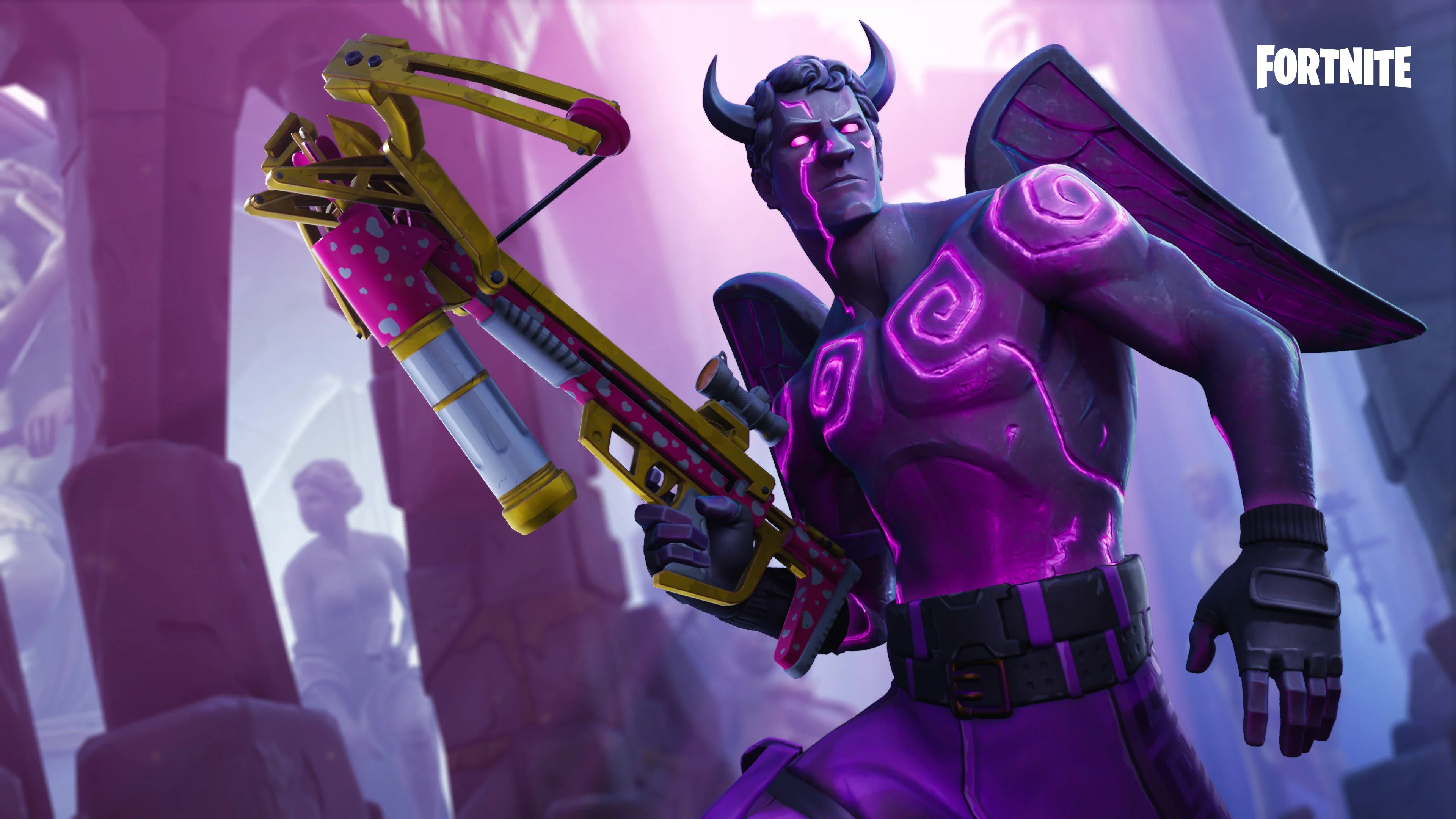 Fortnite&rsquo;s horny fallen angel character holds a crossbow.