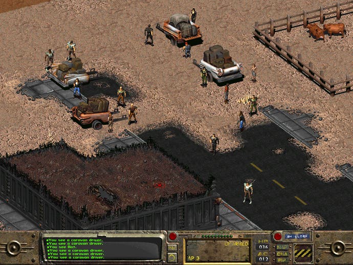 A screenshot of Fallout, showing the Vault Dweller arriving in the bustling city of the The Hub.