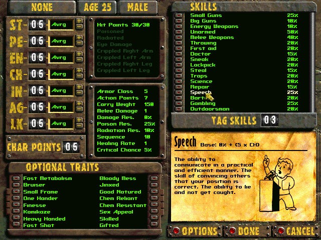 Ein Bildschirm aus einer Steam-Veröffentlichung des ursprünglichen Fallout 2, der einen Statistikbildschirm mit einem Bild von Vault Boy unten rechts zeigt