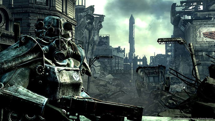 A screenshot of Fallout 3: showing a Brotherhood of Steel Knight looking to camera with the ruins of Washington DC in the background.