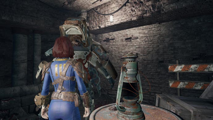 A woman in a blue jumpsuit exits her Power Armor in Fallout 4