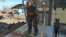 A Power Armor hangs in a workshop bay in Sanctuary in Fallout 4