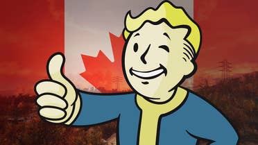 A Vault Boy from the Fallout series stands with his thumbs up over a faded Canadian flag and the blown-up wastes of a North American area.