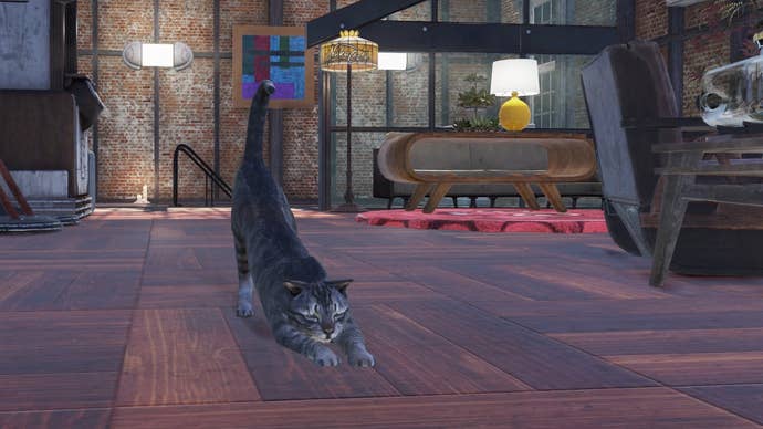 A cat stretches on the floor of a camp in Fallout 76.
