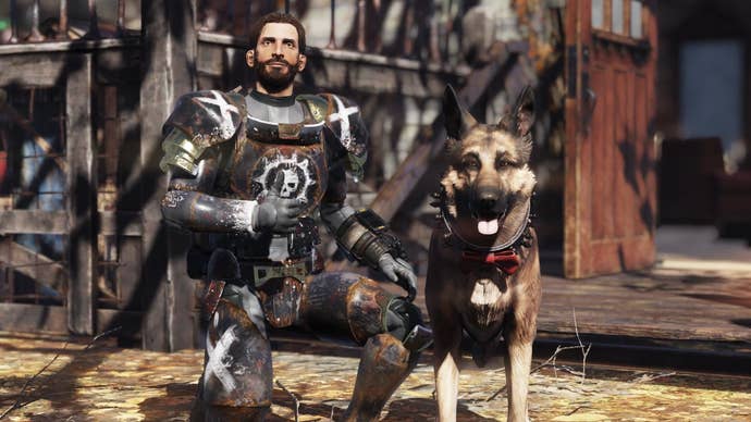 A man in power armour kneels and gives a thumbs up next to his dog pet in Fallout 76.
