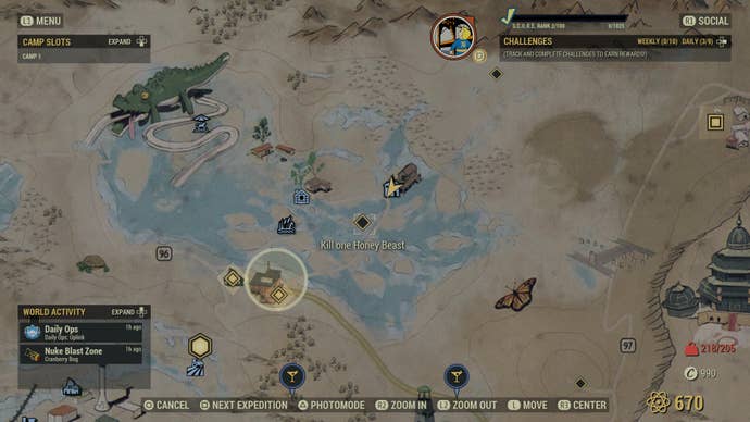The map location of a Honeybeast in Fallout 76, in the Toxic Valley area near the Black Bear Lodge