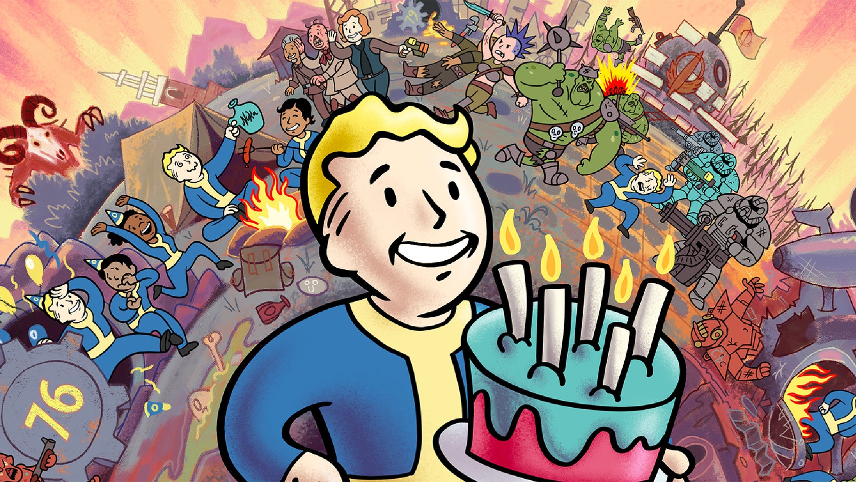 Fallout 76's Vault Boy attending a birthday celebration. - 1