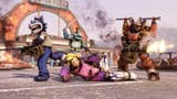 Fallout 76 header image showing four characters posing bombastically with weapons. The fourth character is lying on the ground, resting their head on their hand and with one knee up