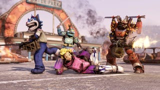 Fallout 76 header image showing four characters posing bombastically with weapons. The fourth character is lying on the ground, resting their head on their hand and with one knee up
