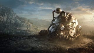 Fallout 76 key art, showing a Brotherhood Of Steel helmet resting on dirt.