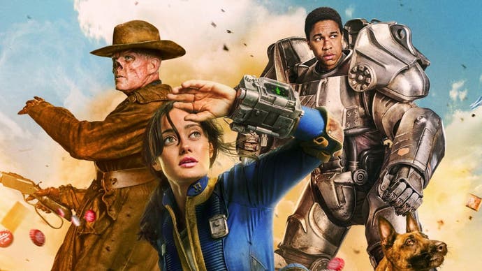 Promotional art for the Amazon Fallout television series showing shelter-dweller Lucy, played by Ella Purnell, flanked by Walton Goggins' Ghoul and Aaron Moten's Maximus.