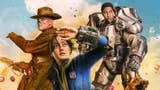 Amazon Fallout TV series promo art showing Vault Dweller Lucy played by Ella Purnell flanked by Walton Goggins' Ghoul and Aaron Moten's Maximus.