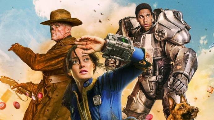 Amazon Fallout TV series promo art showing Vault Dweller Lucy played by Ella Purnell flanked by Walton Goggins' Ghoul and Aaron Moten’s Maximus.