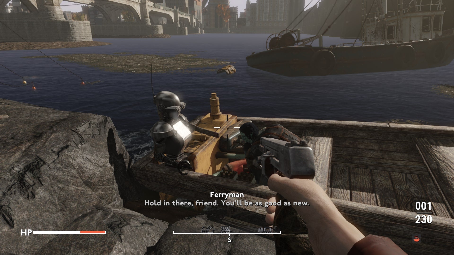 The player speaks with the Ferryman at the docks in Fallout 4 mod, Fallout London - 6